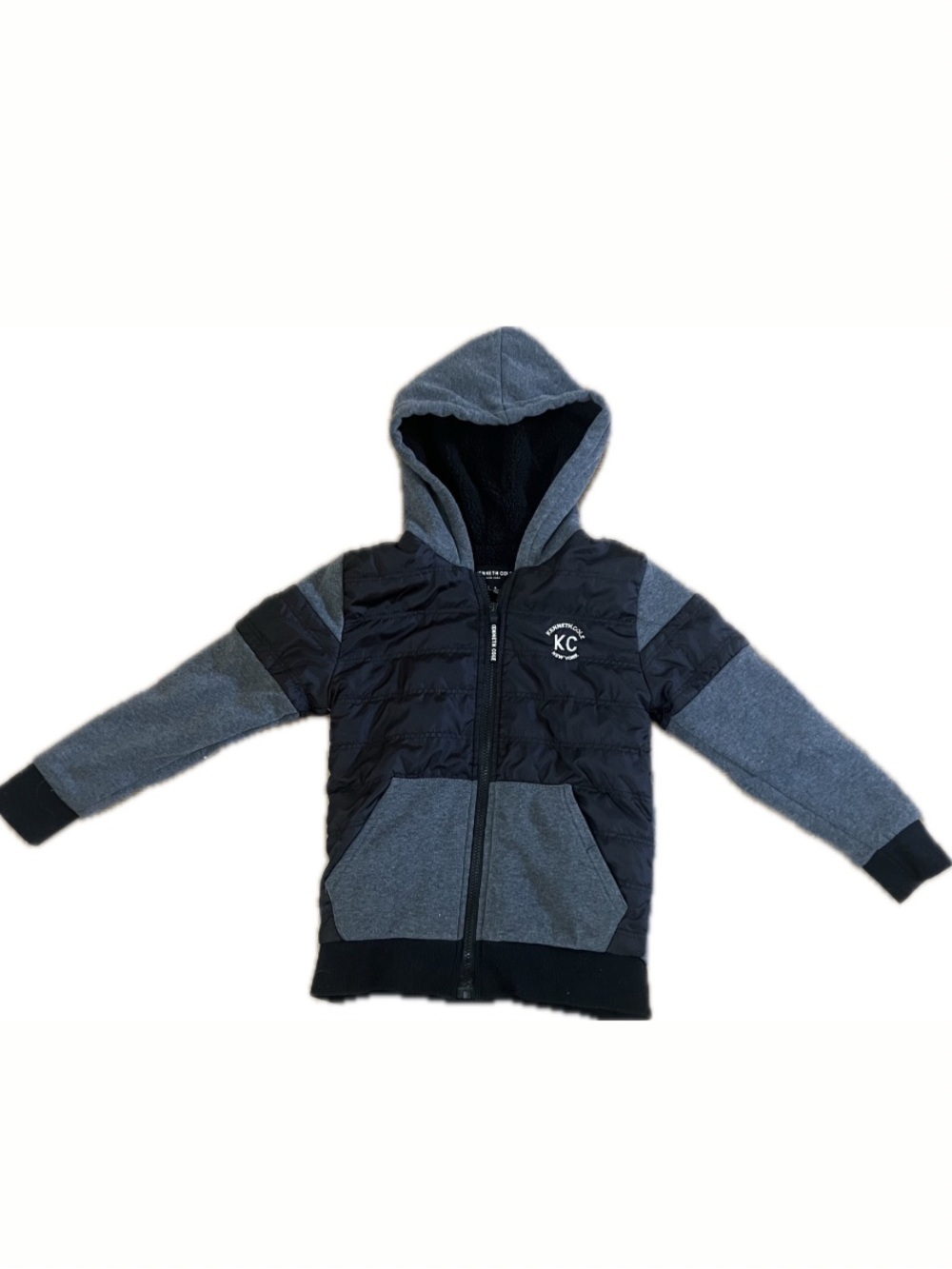 Kenneth Cole New York Kids Mixed Media Quilted Puffer Hoodie Jacket Black Grey S